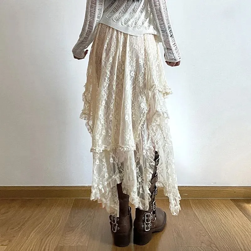 Advbridge Lace Vintage Long Skirts Irregular Holiday Y2k Dress for Women Boho Tulle Midi See Through High Waist Elegant Loose