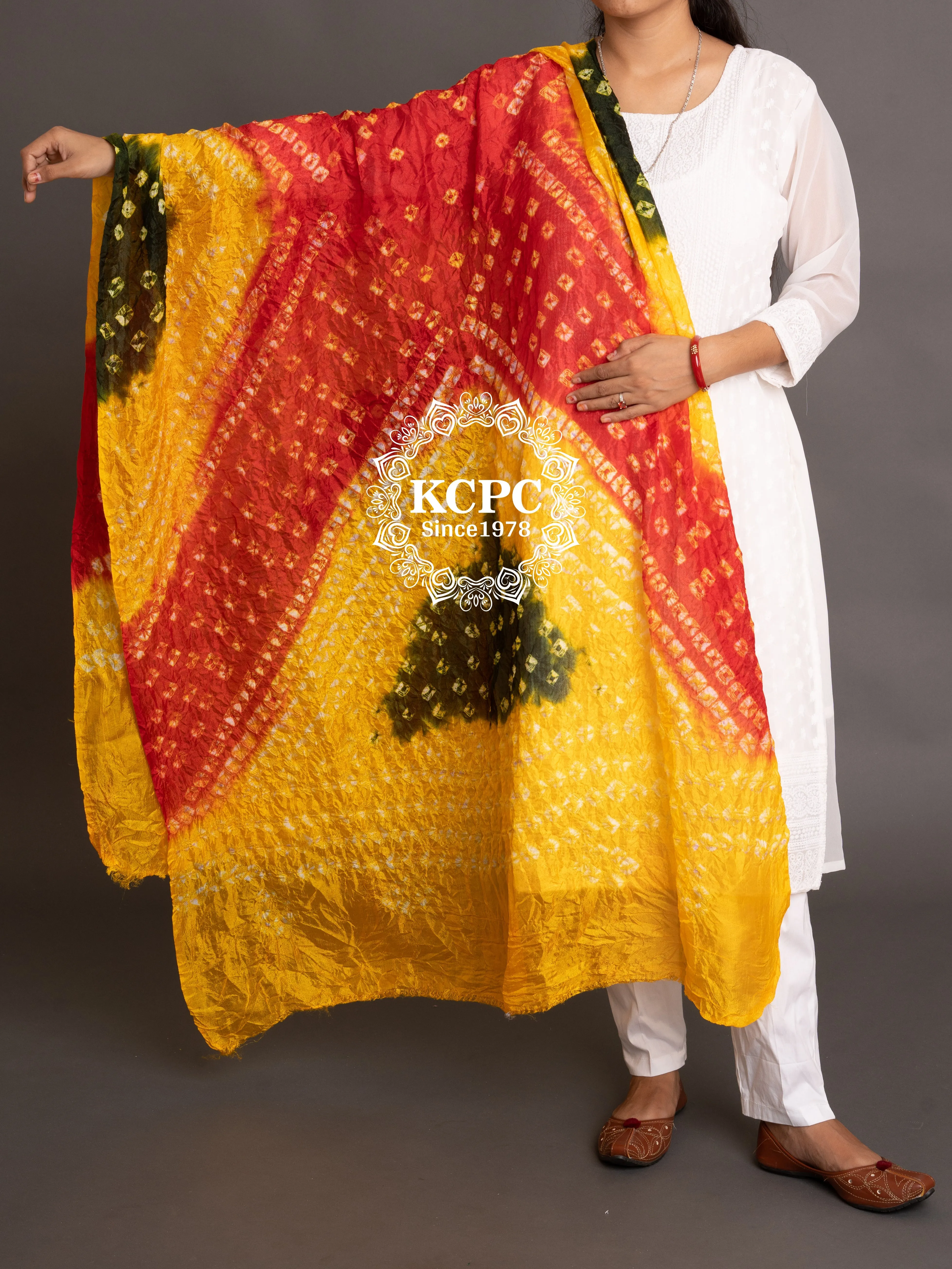 Bandhej silk Dupattas, OR, KCPC Red Yellow Green