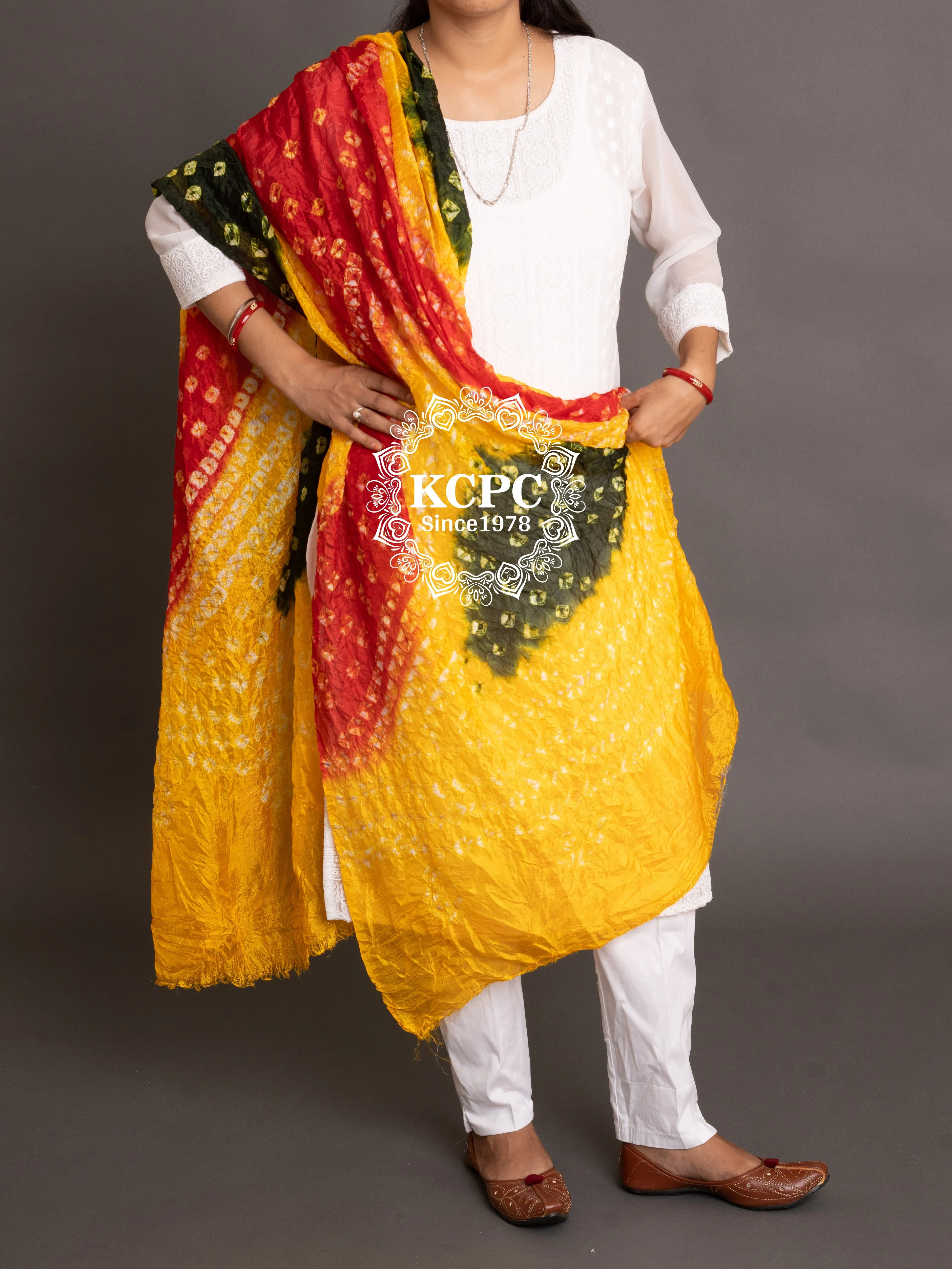 Bandhej silk Dupattas, OR, KCPC Red Yellow Green