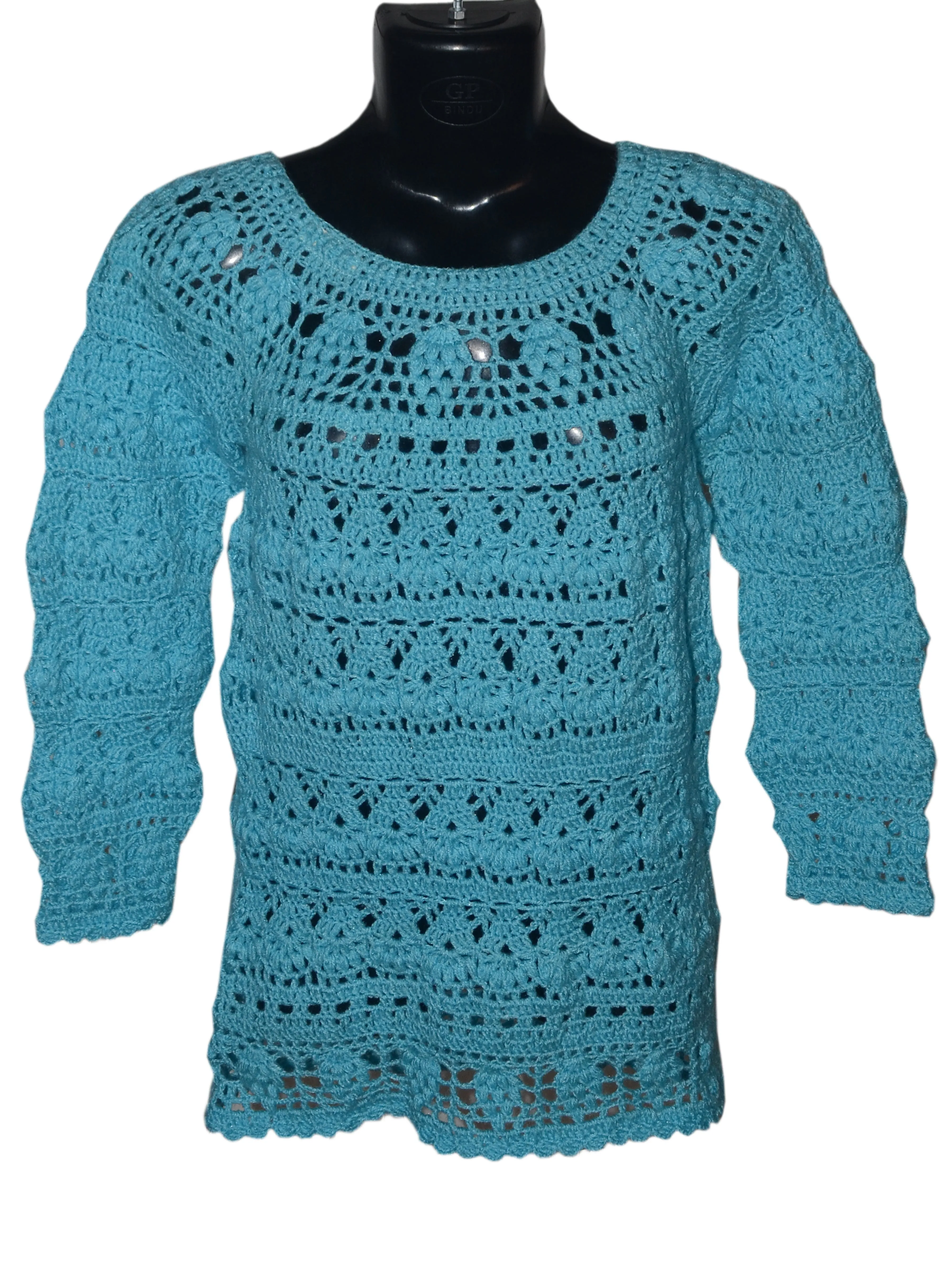 Beautiful Cyan Color Handmade Crochet Long Sleeve Top For Women/Girls