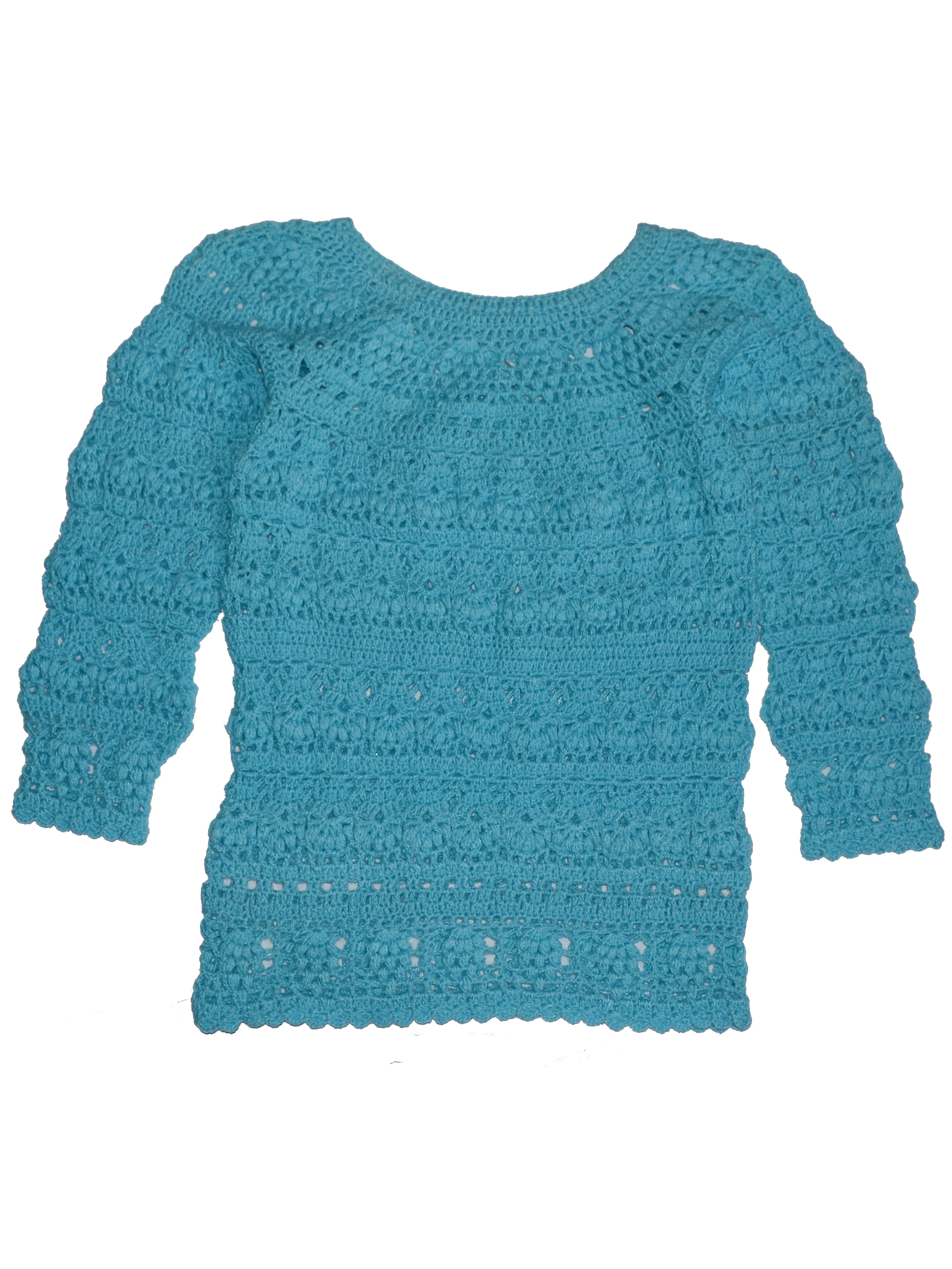 Beautiful Cyan Color Handmade Crochet Long Sleeve Top For Women/Girls