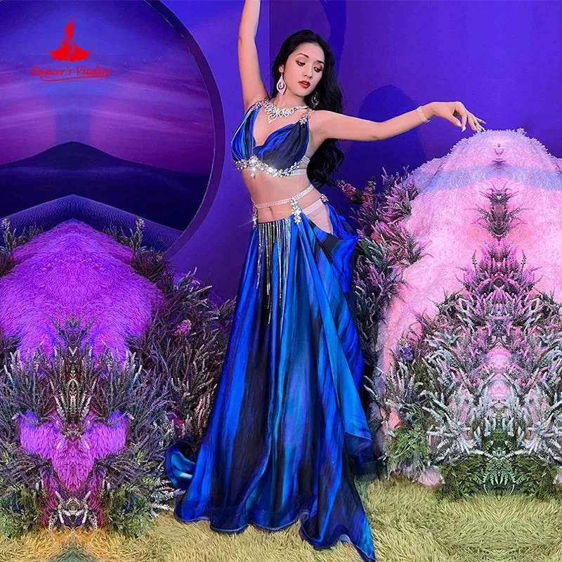 Belly Dance Performance Costume Suit for Women Tie Dye Tassel Competition Set Bra saitin Skirt 2pcs Bellydancing Stage Outfit