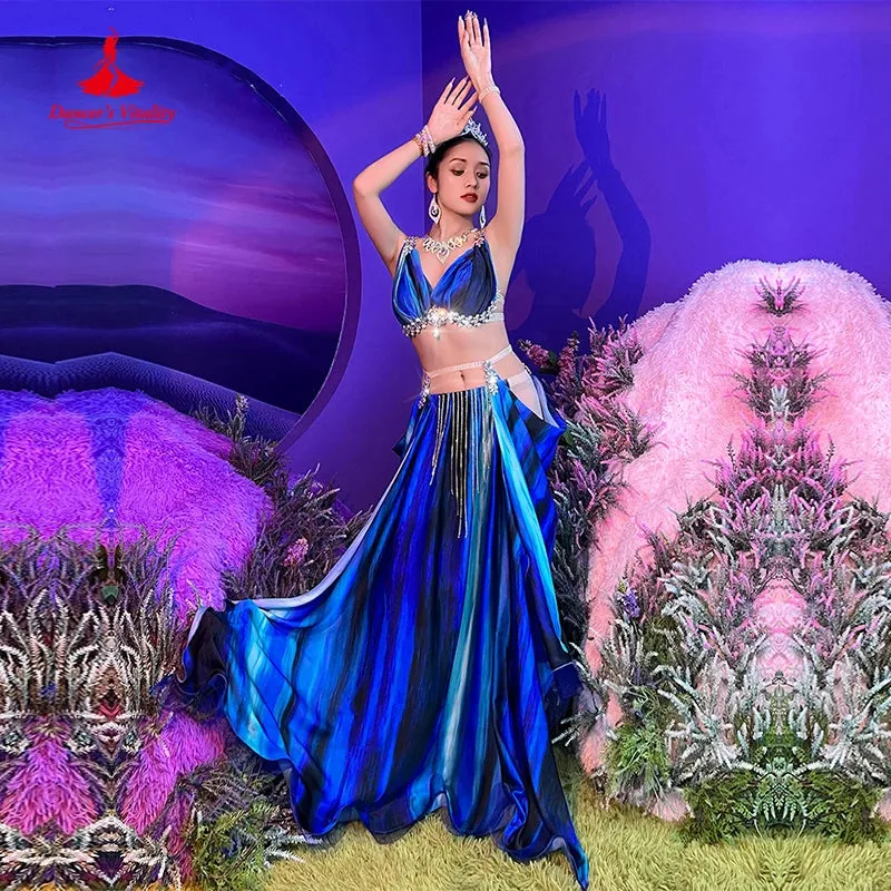 Belly Dance Performance Costume Suit for Women Tie Dye Tassel Competition Set Bra saitin Skirt 2pcs Bellydancing Stage Outfit