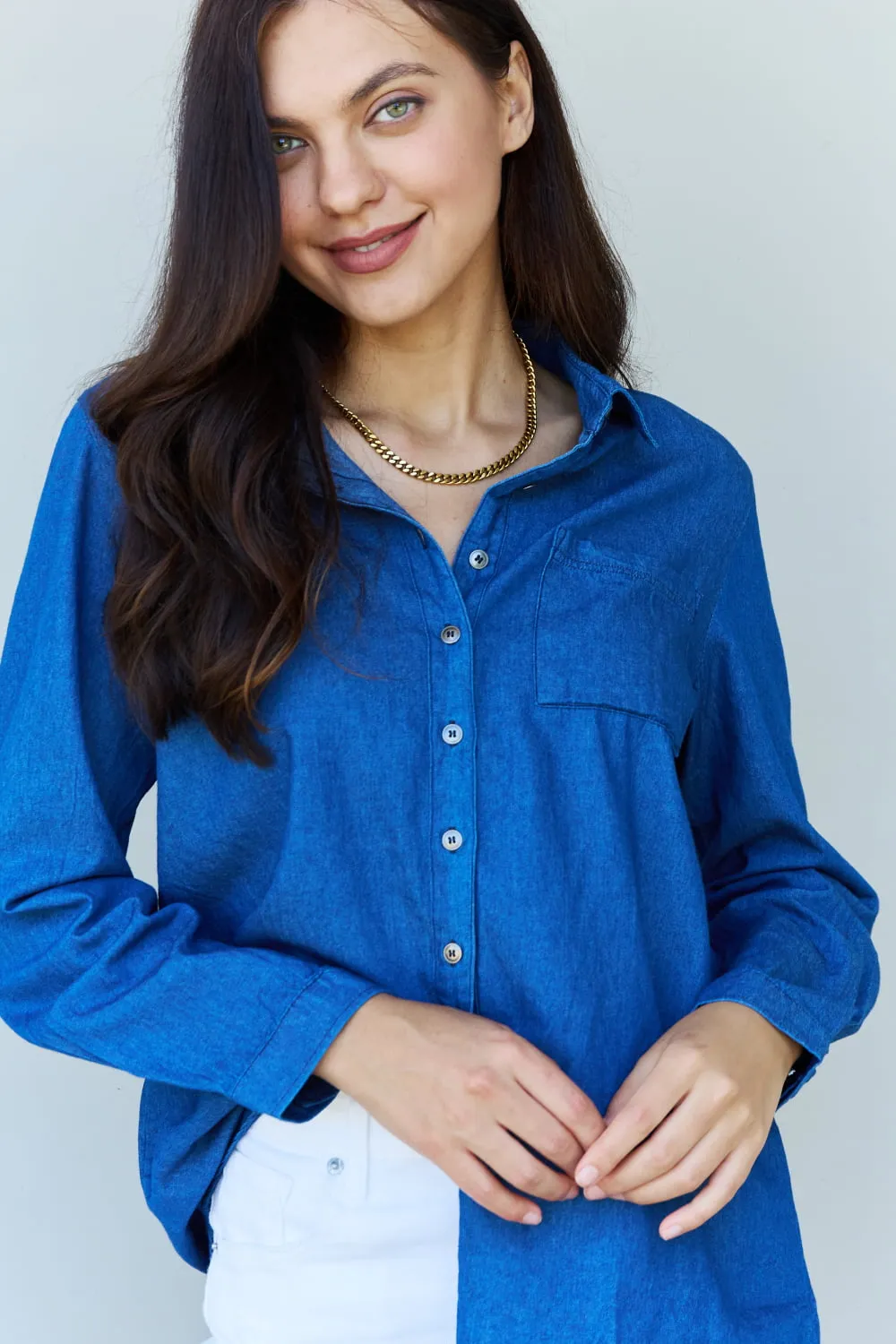 Denim Button Down Shirt Top in Dark Blue