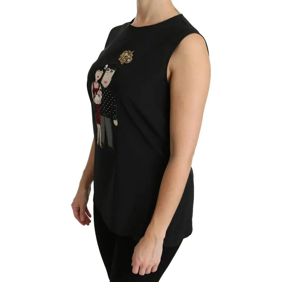 Dolce & Gabbana Black Silk DG Family Crystal Sleeveless Top