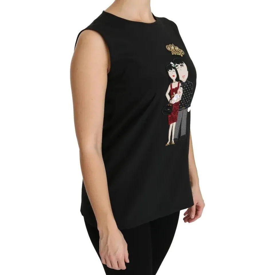 Dolce & Gabbana Black Silk DG Family Crystal Sleeveless Top