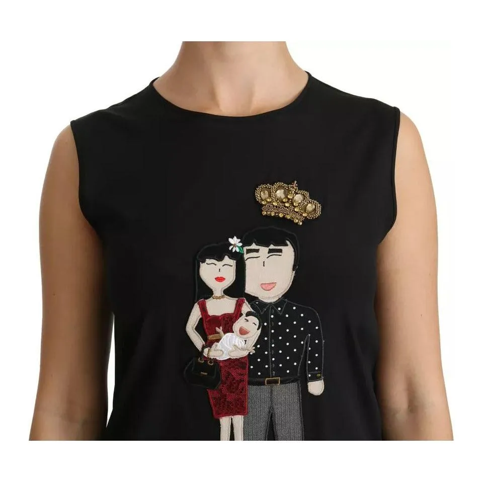 Dolce & Gabbana Black Silk DG Family Crystal Sleeveless Top