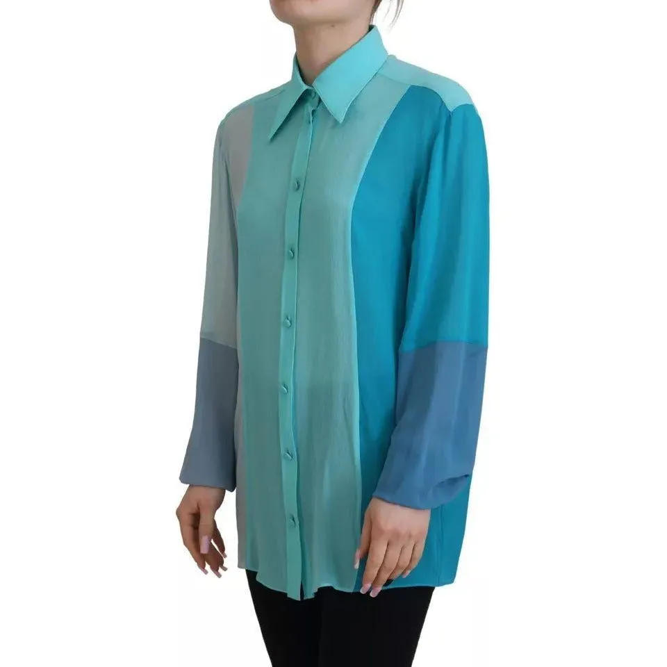 Dolce & Gabbana Blue Collar Long Sleeve Blouse Silk Top