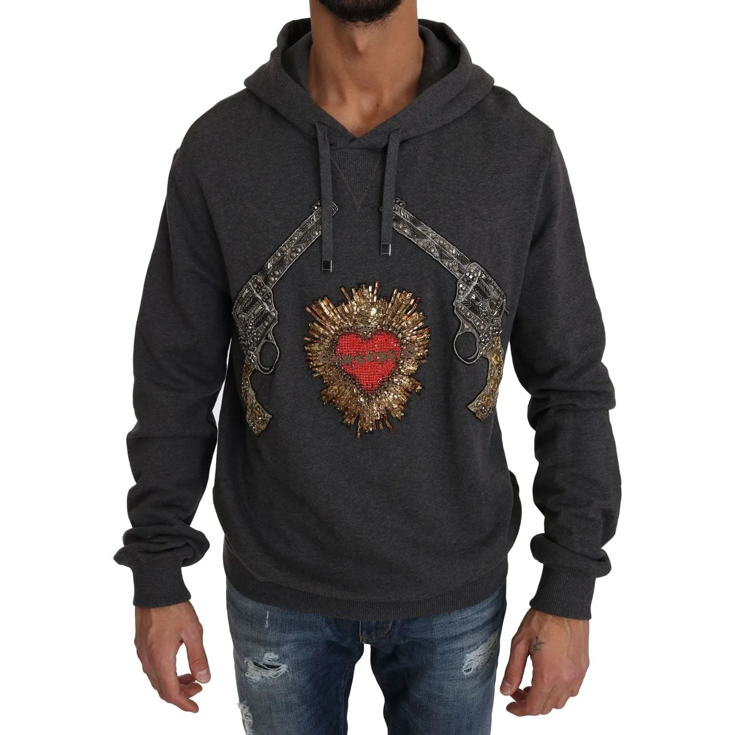 Dolce & Gabbana Gray Crystal Heart Gun Motif Sweater