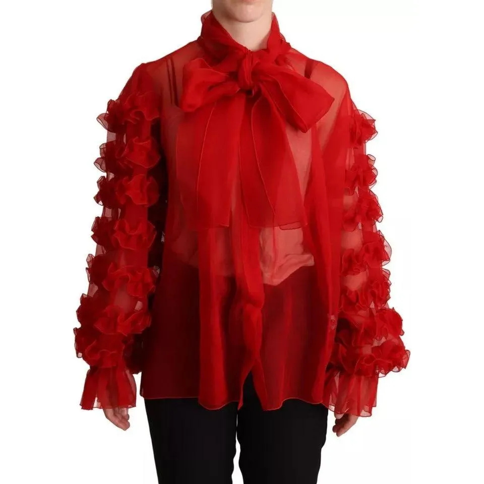 Dolce & Gabbana Red Silk Ascot Collar Ruffles Blouse Top