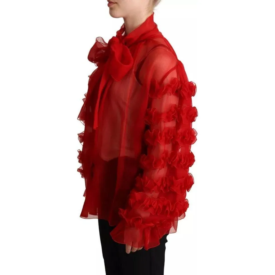 Dolce & Gabbana Red Silk Ascot Collar Ruffles Blouse Top