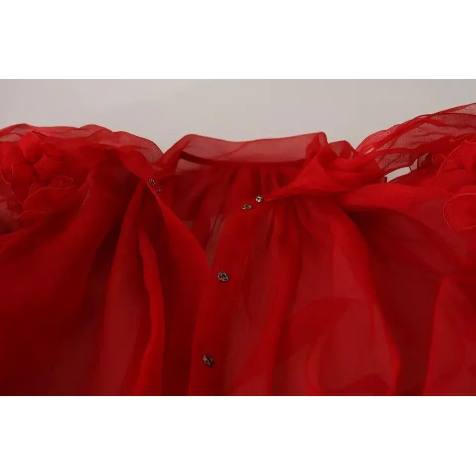 Dolce & Gabbana Red Silk Ascot Collar Ruffles Blouse Top