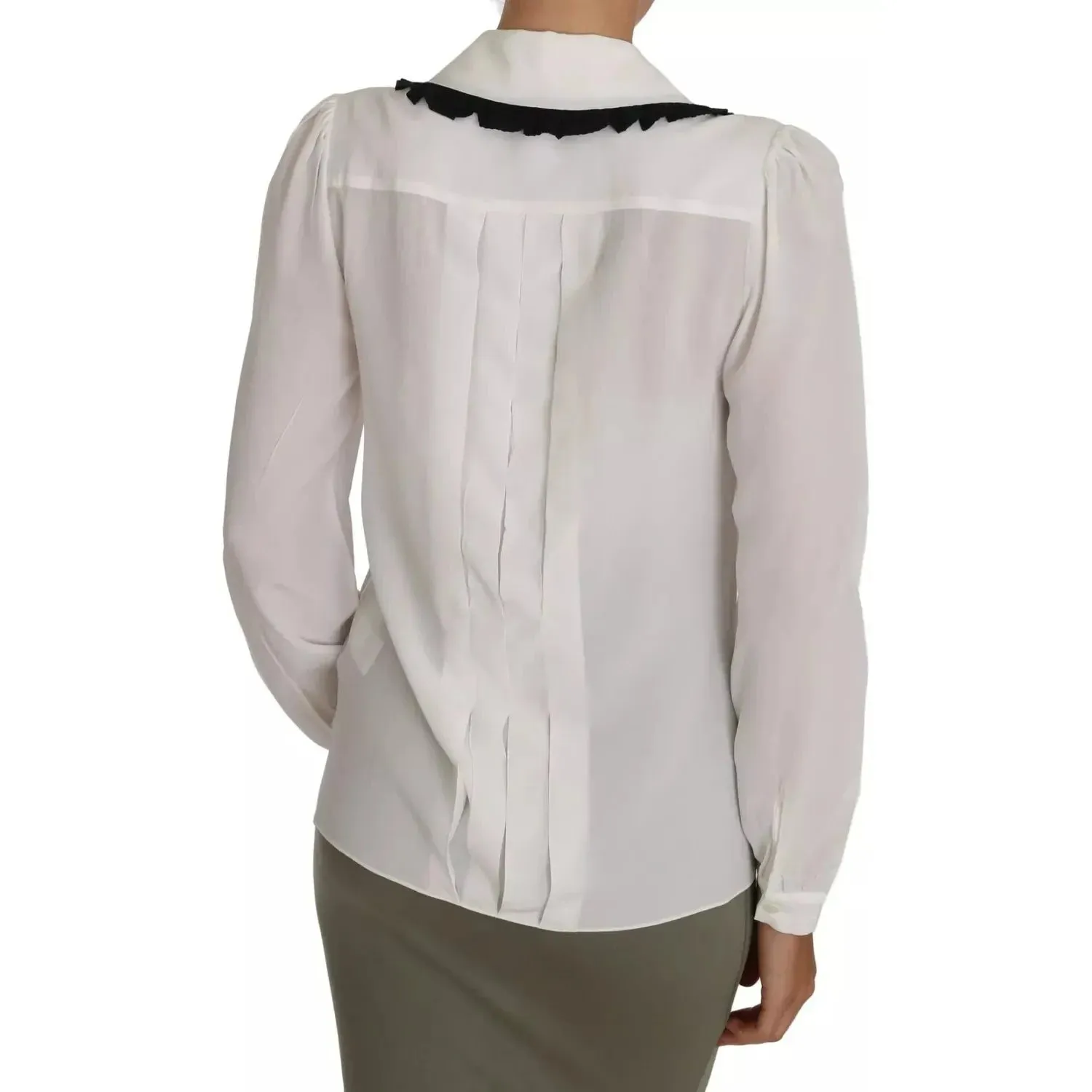 Dolce & Gabbana White Silk Shirt Ruffle Rouded Collar Blouse