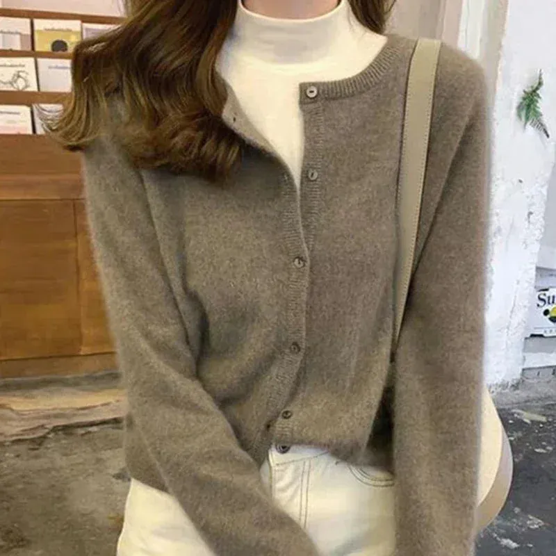 Fall Solid Color Knitted Cardigan Women Korean Single Breasted Long Sleeve Jumper Woman Round Neck All Match Sweater Outwear Top