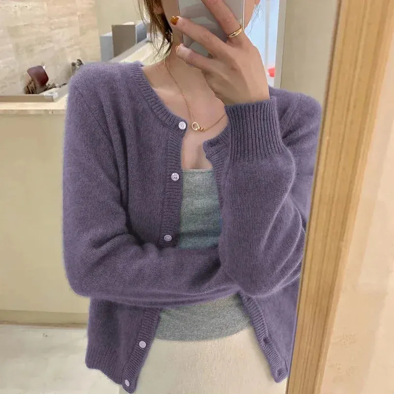 Fall Solid Color Knitted Cardigan Women Korean Single Breasted Long Sleeve Jumper Woman Round Neck All Match Sweater Outwear Top