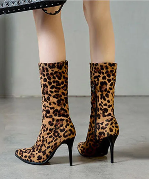 Fashion Leopard Print Genuine Leather Velour Fabric Zippered Boots Pointed Toe Boots