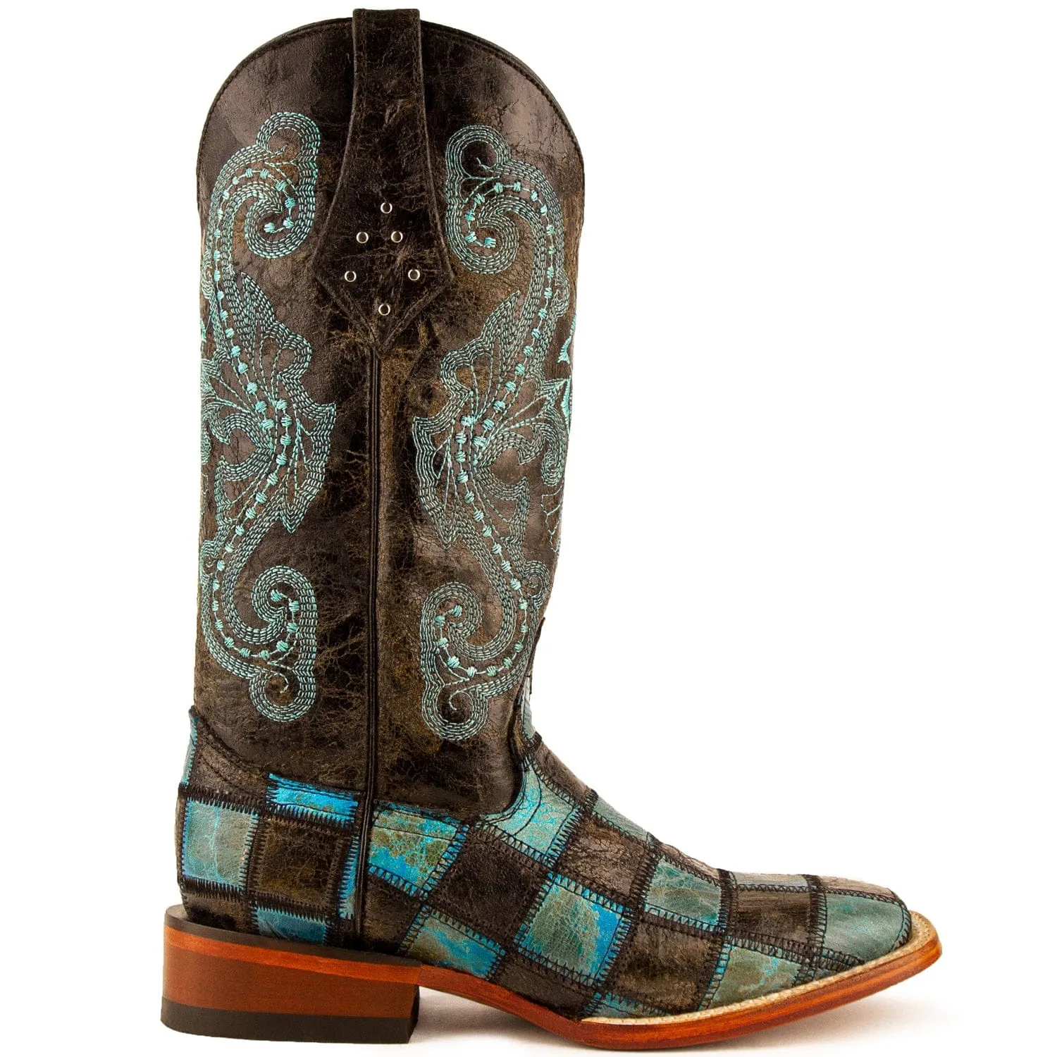 Ferrini Women's Patchwork Square Toe Boots Handcrafted - Black/Teal  8139350