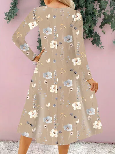 Floral Notched Long Sleeve Midi Dress