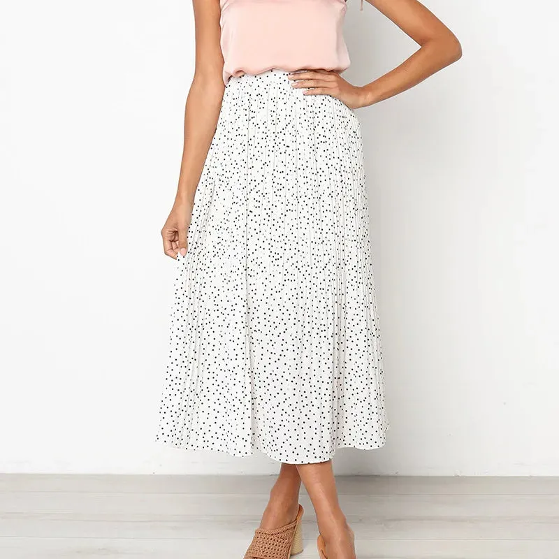 Floral Print Skirt with White Dots and Elastic Side Pockets