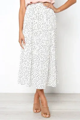 Floral Print Skirt with White Dots and Elastic Side Pockets