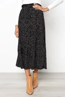 Floral Print Skirt with White Dots and Elastic Side Pockets