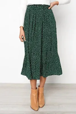 Floral Print Skirt with White Dots and Elastic Side Pockets