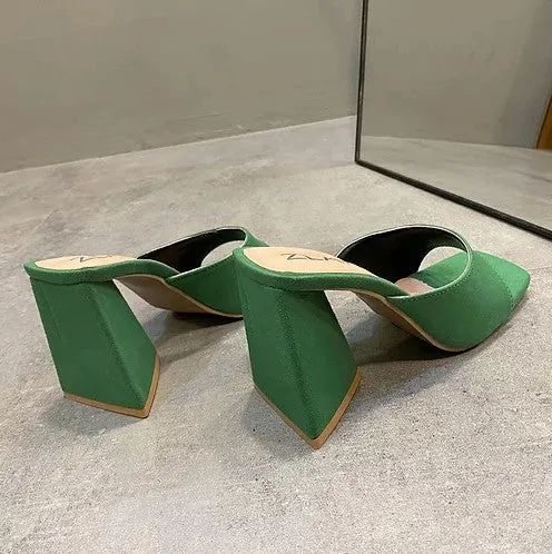 Green Square Open Toe Mule High Heels Sandals