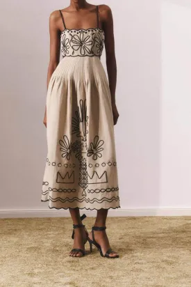 Jamie Embroidered Holiday Midi Dress in Beige - Luxe Collection