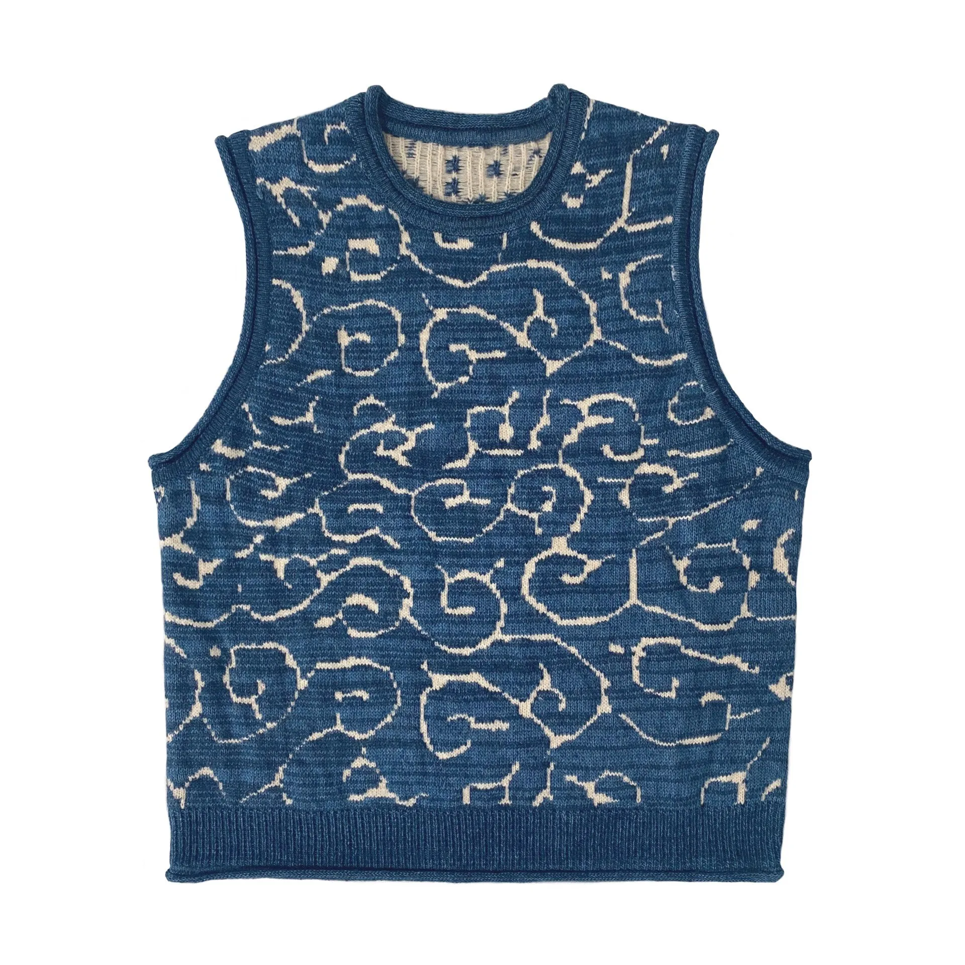 Japanese retro knitted vest blue vintage Crew Neck Pullover Sweater s