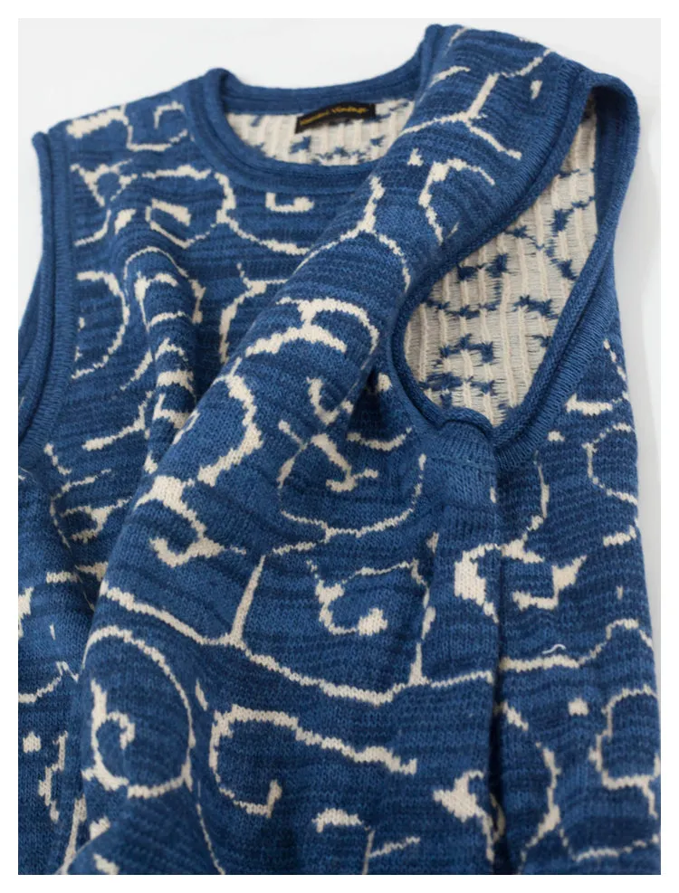 Japanese retro knitted vest blue vintage Crew Neck Pullover Sweater s