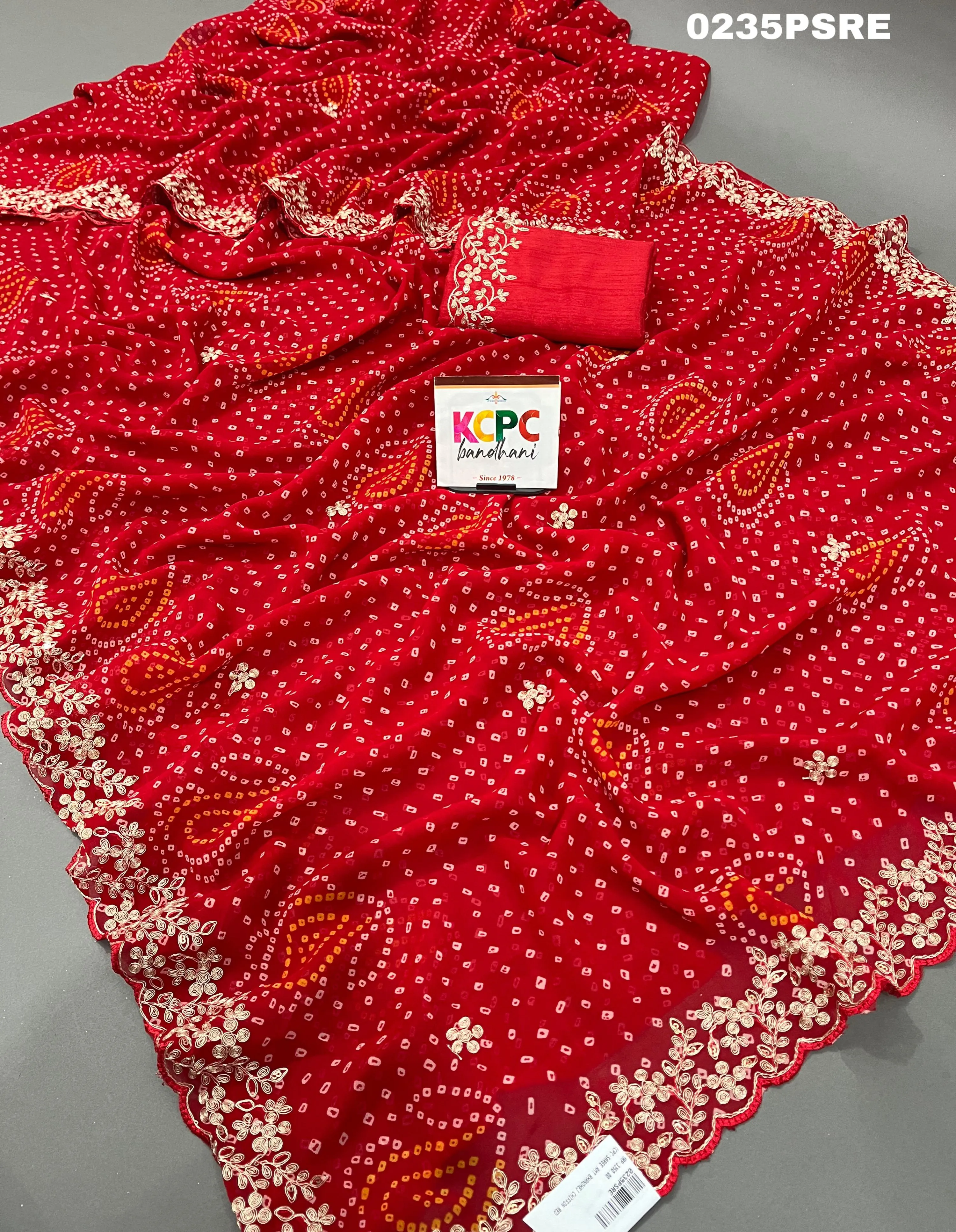 KcPc Launching New Pure MosChiffon Hand Pitta Aari Work Bandhani Saree,swa Red