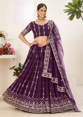 Latest Purple Bordered Sequins Sangeet Wear Lehenga Choli