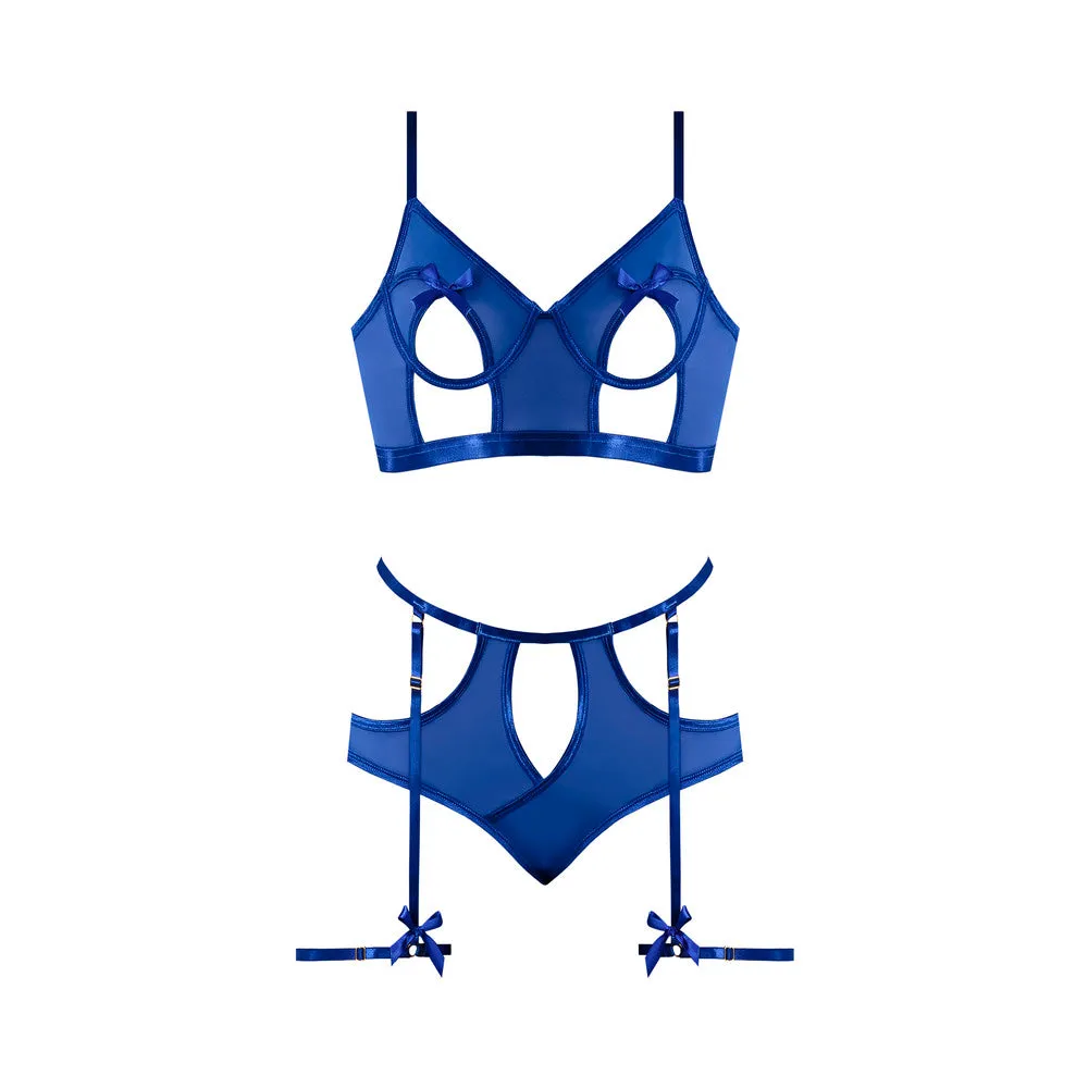 Magic Silk Holidaze Underwire Mesh Bralette With Panty & Removable Garter Cobalt Blue