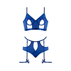 Magic Silk Holidaze Underwire Mesh Bralette With Panty & Removable Garter Cobalt Blue