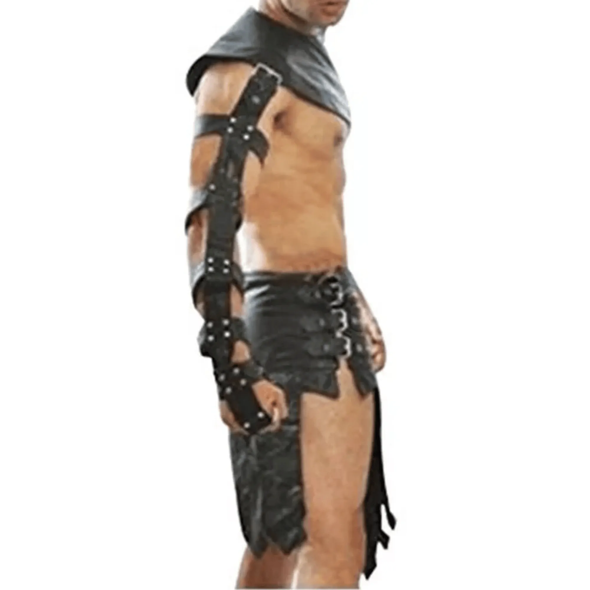 Mens Roman Gladiator Kilt Set Real Leather LARP with Gauntlet & Harness