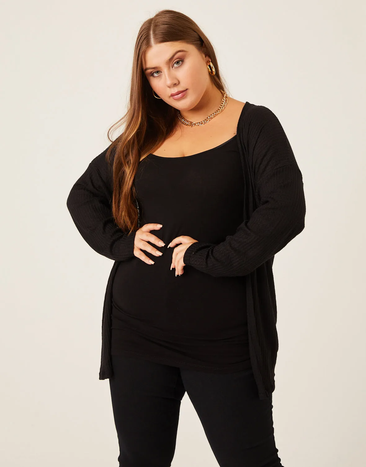 Plus Size Waffle Knit Cardigan