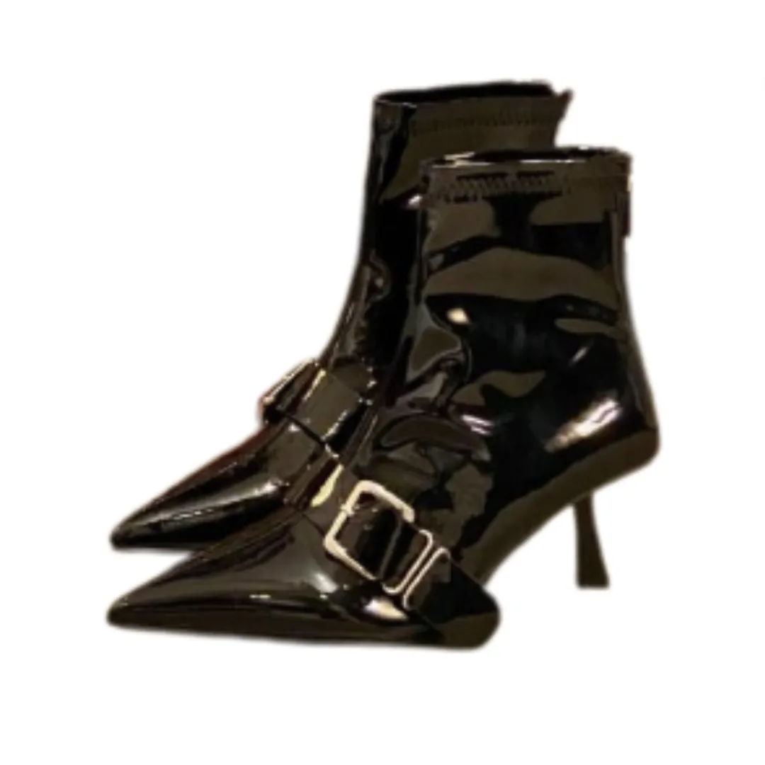 Pre Order: Zipper Belt Buckle Pointed Patent Short Boots