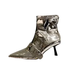 Pre Order: Zipper Belt Buckle Pointed Patent Short Boots