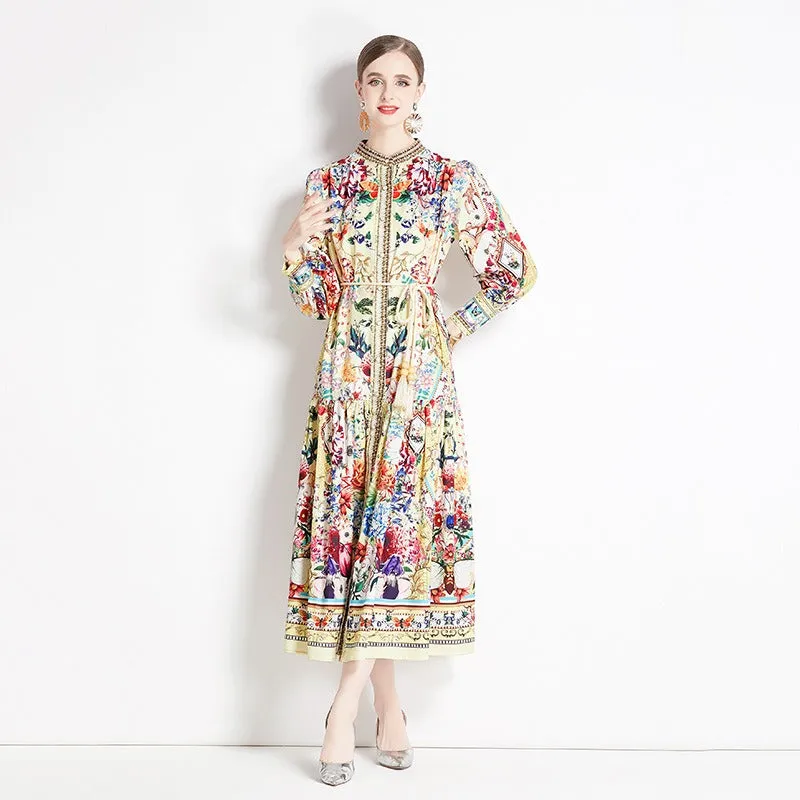 Retro Floral Lantern Sleeve Midi Dress