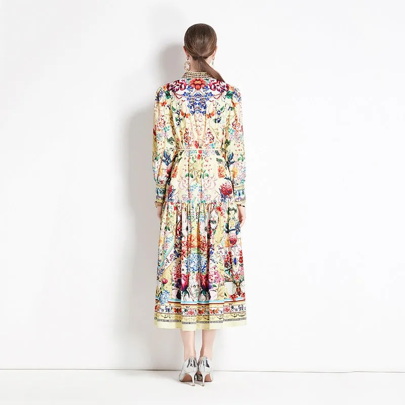 Retro Floral Lantern Sleeve Midi Dress