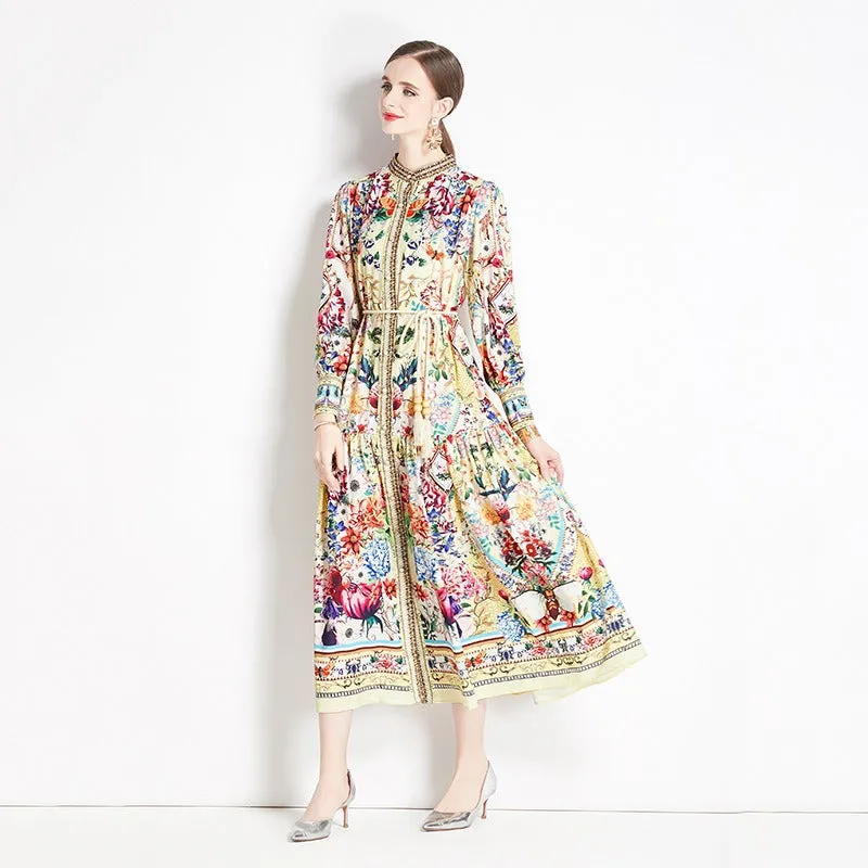 Retro Floral Lantern Sleeve Midi Dress