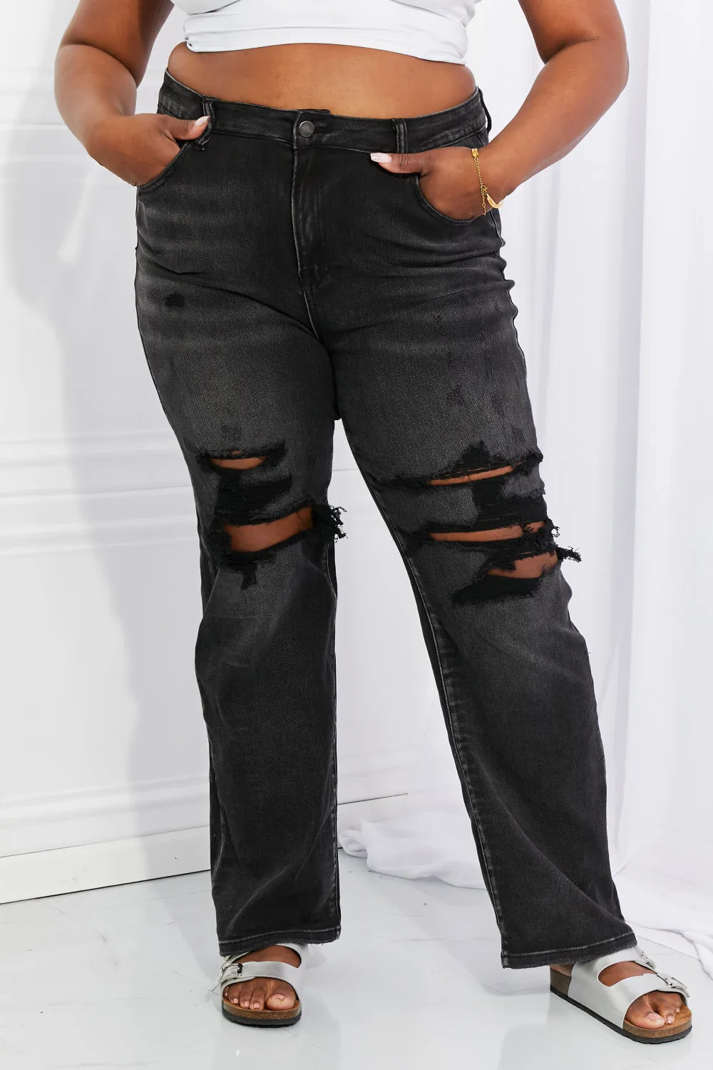 RISEN Full Size Lois Distressed Loose Fit Jeans - Ships from The USA