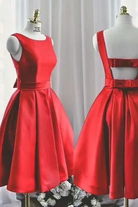 Round Neck Cute Red A line Satin Short Prom Dress Homecoming Dress  PD129