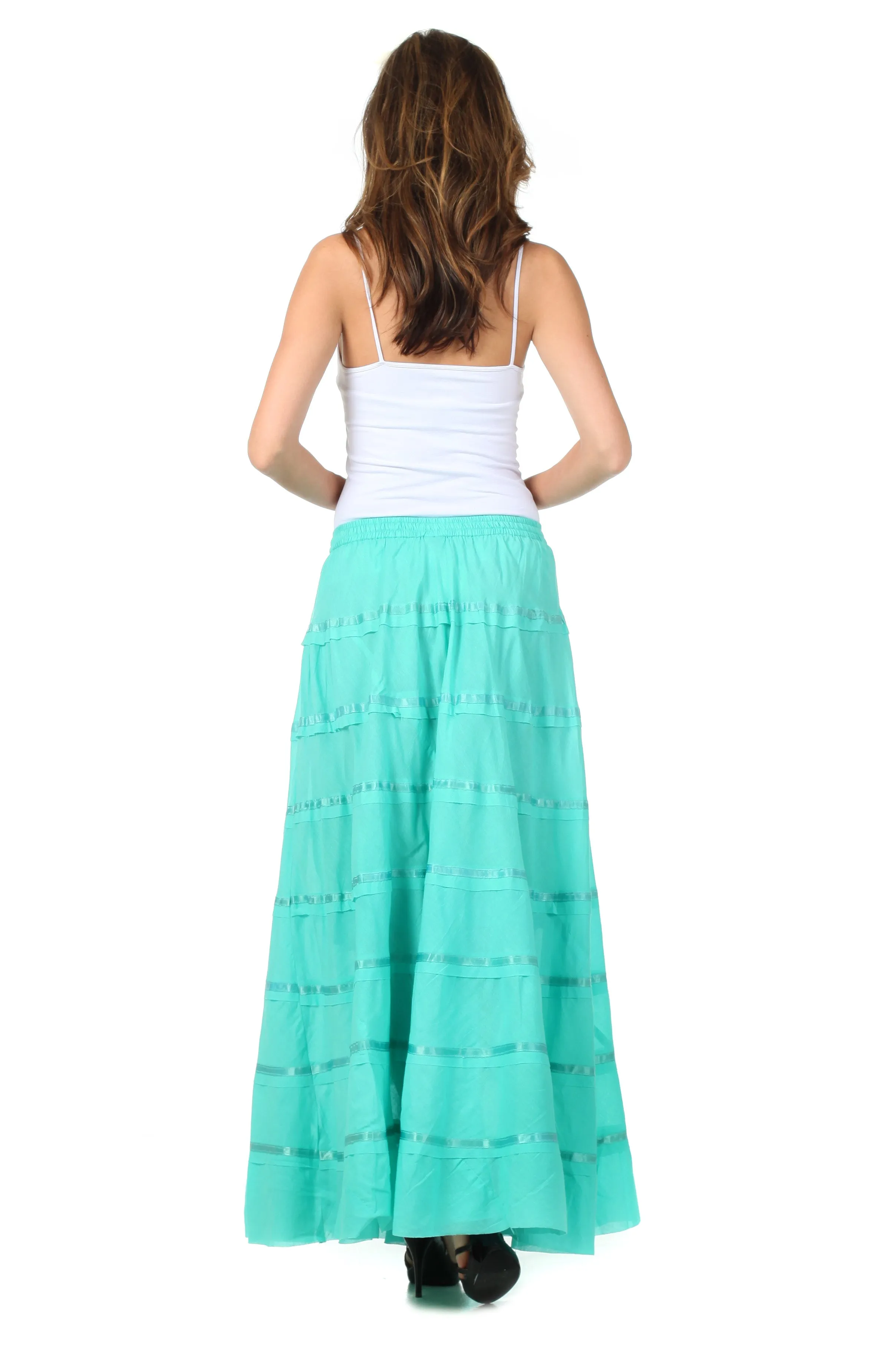 Sakkas Raw Edge Tiered Ribbon Gypsy Boho Long Cotton Skirt