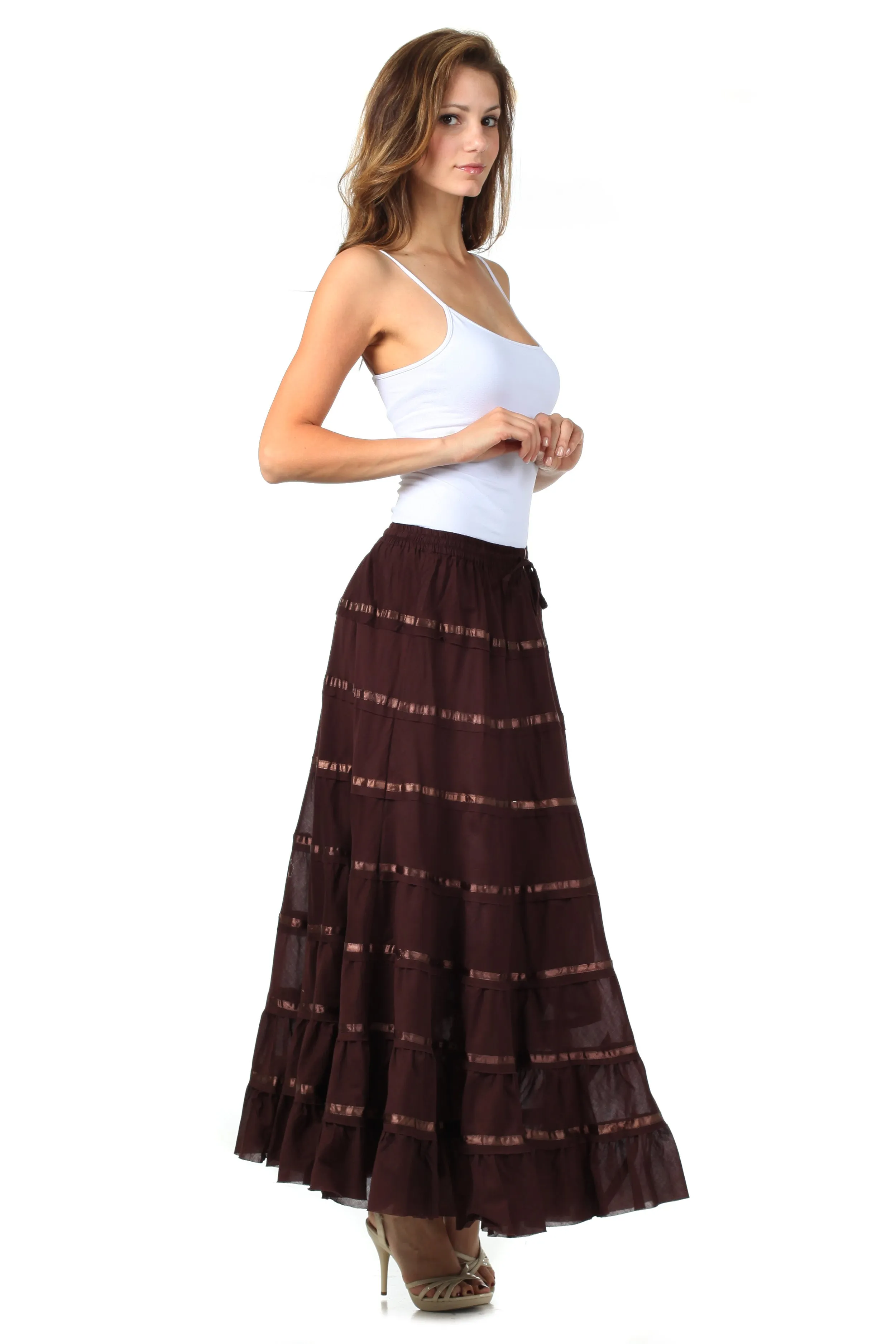 Sakkas Raw Edge Tiered Ribbon Gypsy Boho Long Cotton Skirt