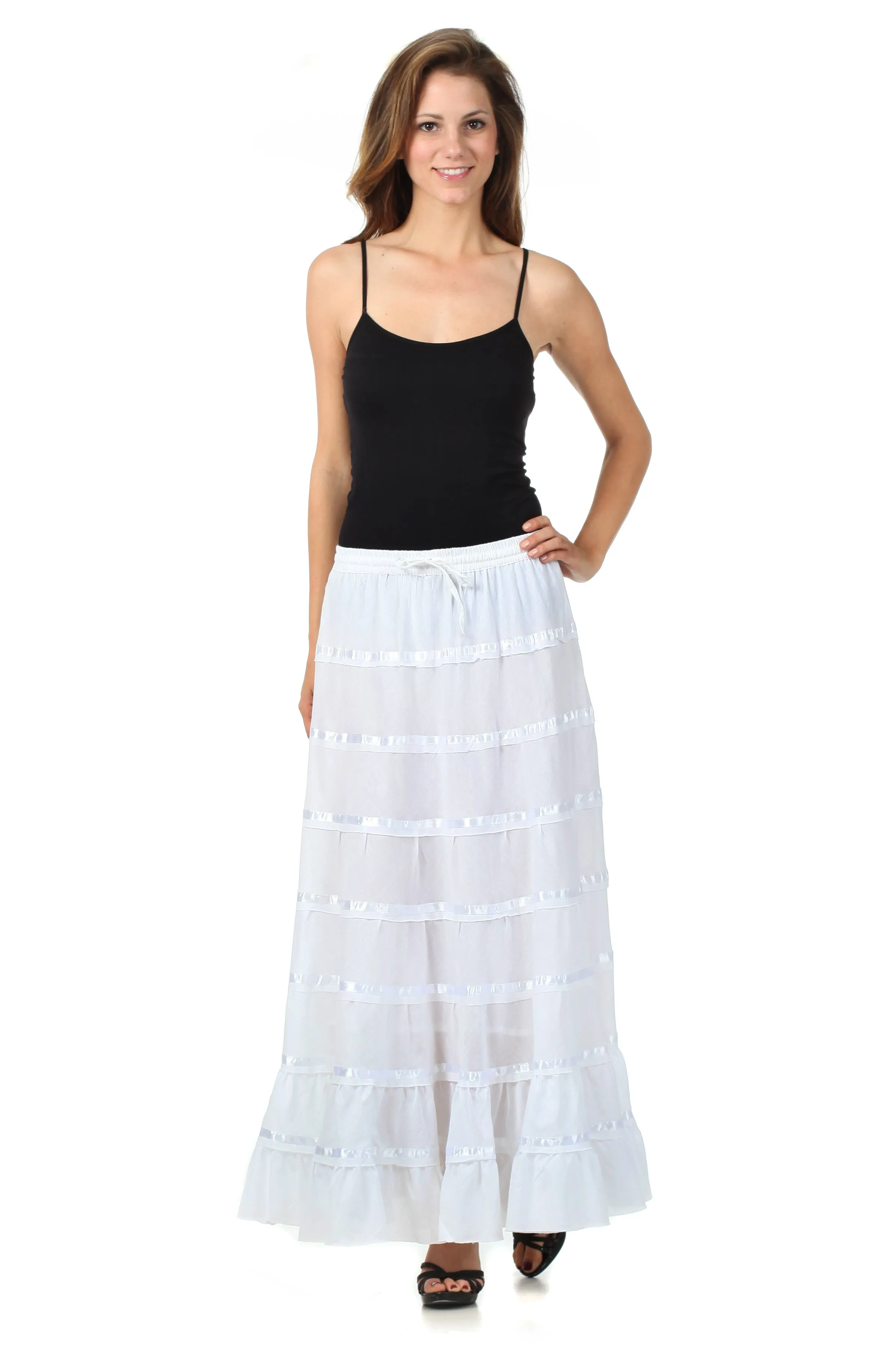 Sakkas Raw Edge Tiered Ribbon Gypsy Boho Long Cotton Skirt