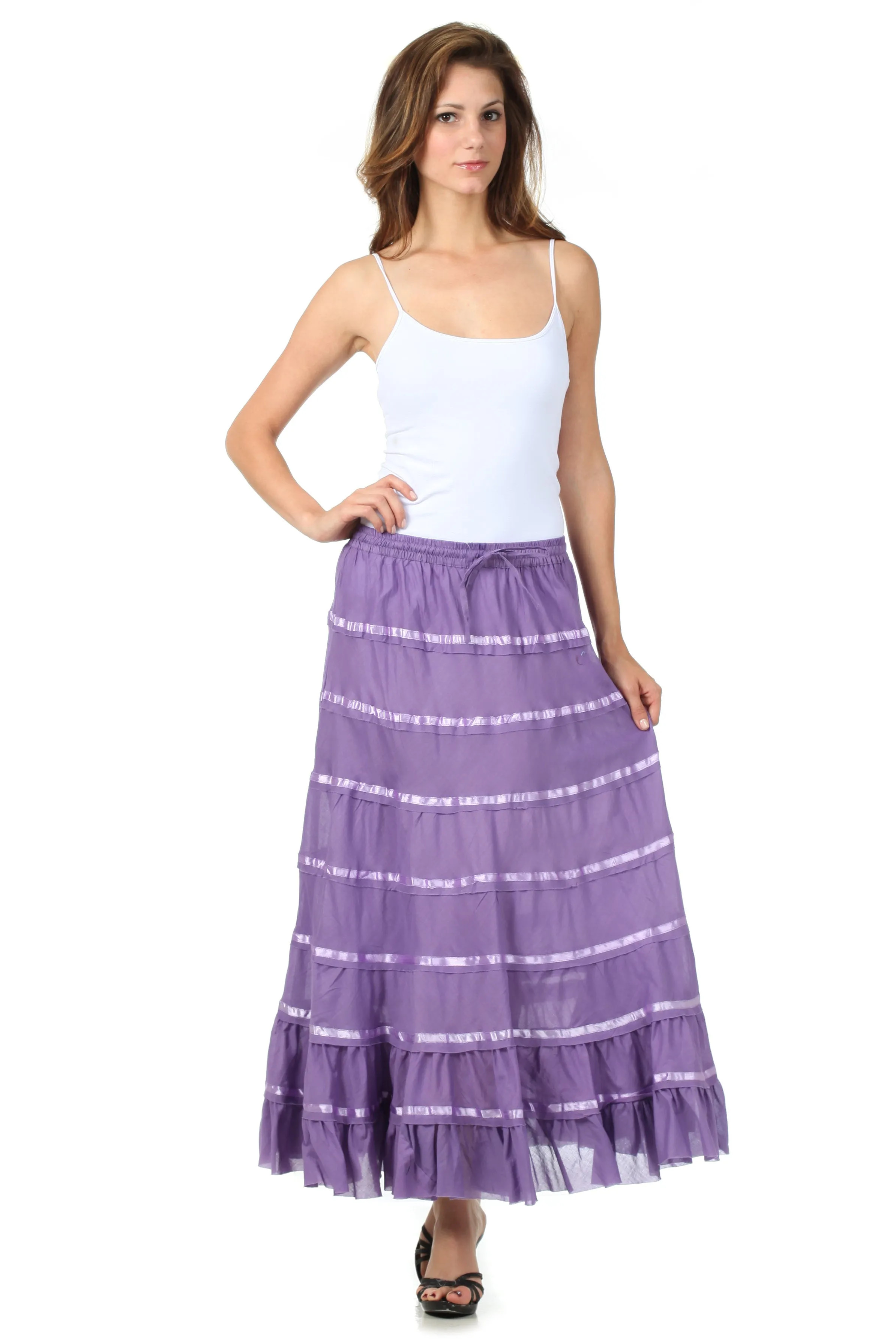 Sakkas Raw Edge Tiered Ribbon Gypsy Boho Long Cotton Skirt