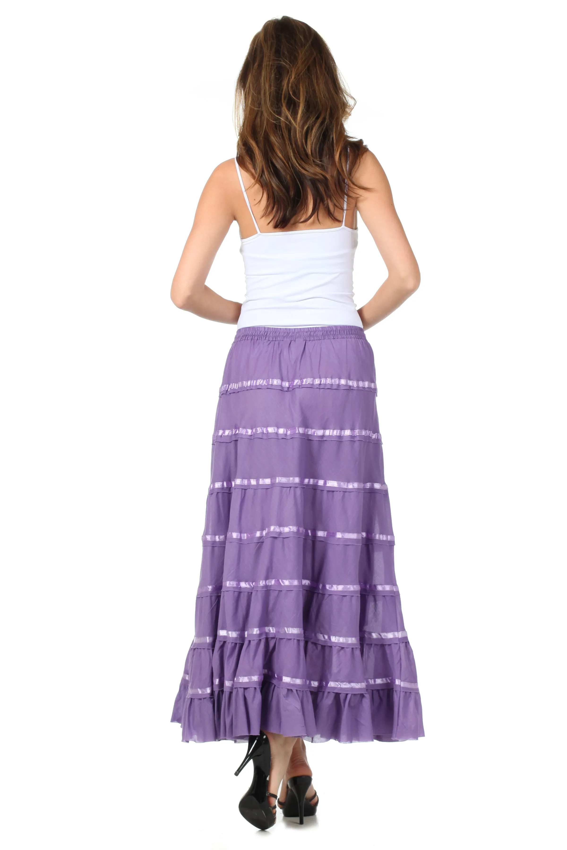 Sakkas Raw Edge Tiered Ribbon Gypsy Boho Long Cotton Skirt