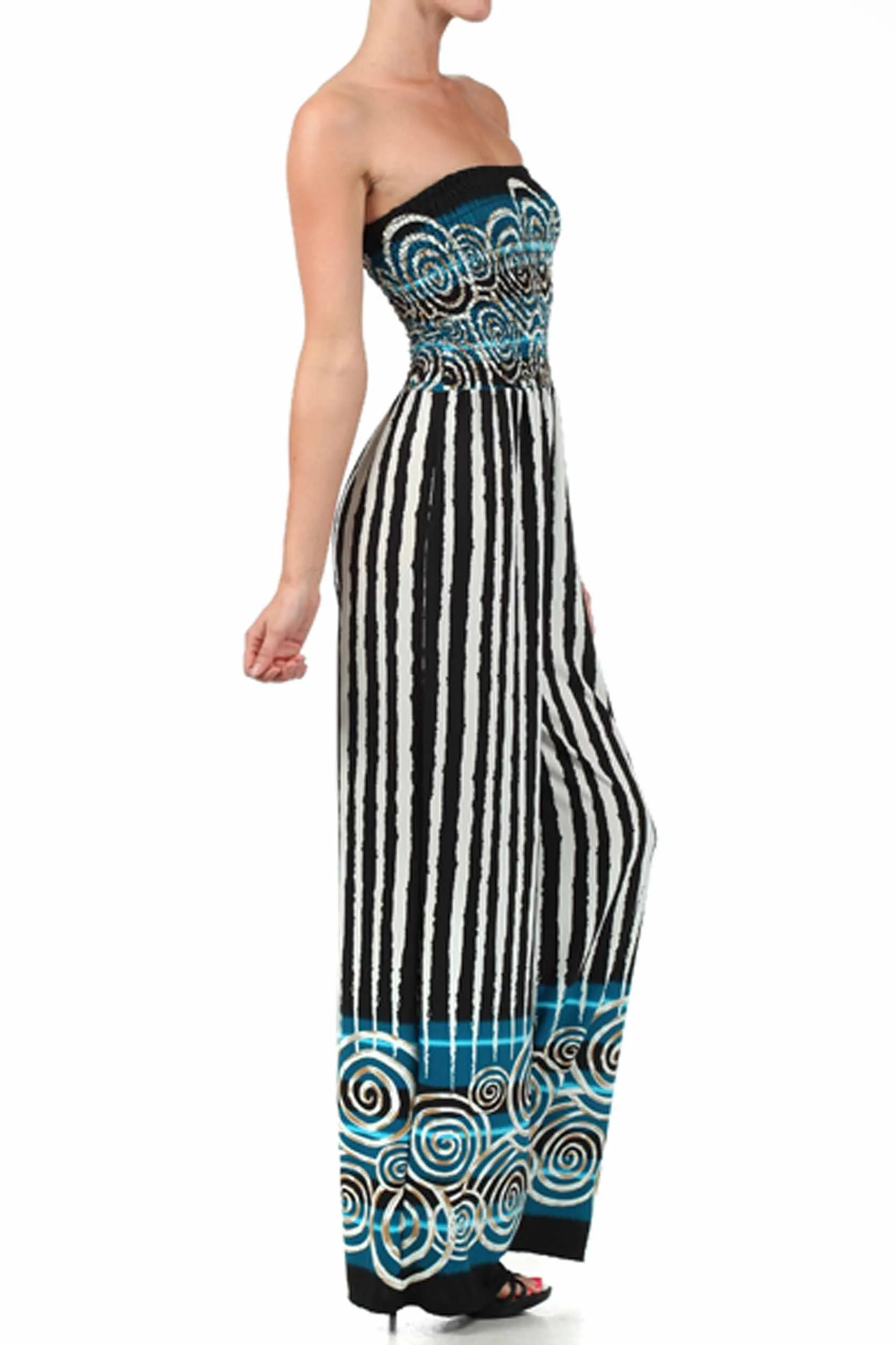 Sakkas Spiral Stripe Smocked Tube Top Wide Leg Jumpsuit