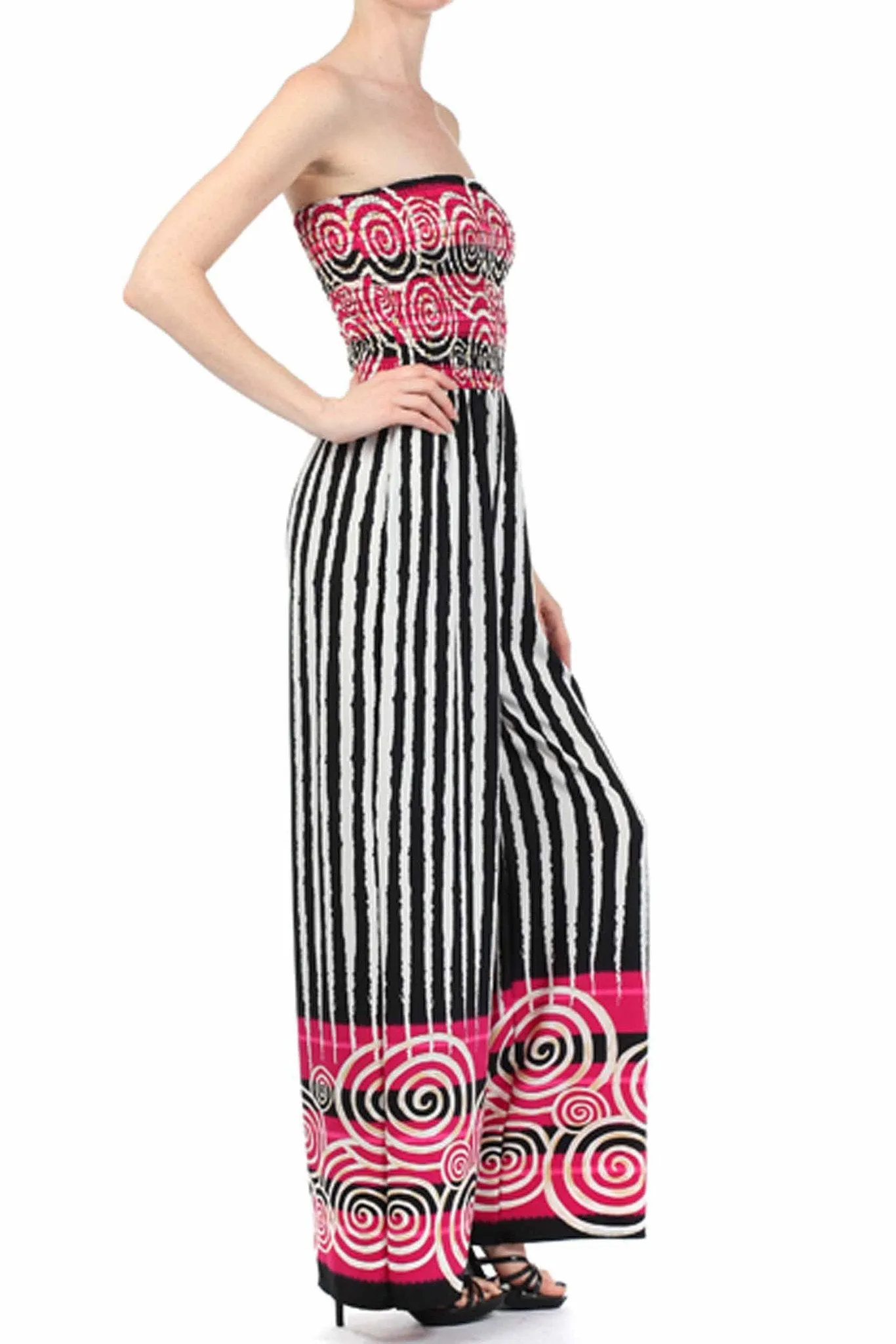 Sakkas Spiral Stripe Smocked Tube Top Wide Leg Jumpsuit